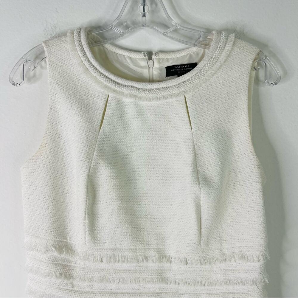 Tahari white pearl fringe cut out wedding evening office midi dress 6P - Picture 2 of 10